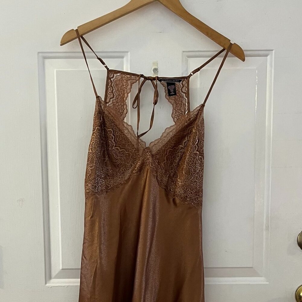 Victoria's Secret Brown Melic Satin Floral Lace Night Gown/Slip Dress Sz Lr - Picture 6 of 7
